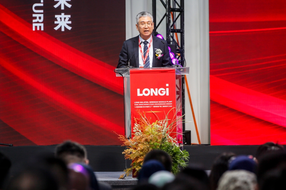 LONGi vice president Li Wenxue delivers a speech during the launch of LONGi Malaysia’s Serendah Module Plant in Rawang October 17, 2023. 