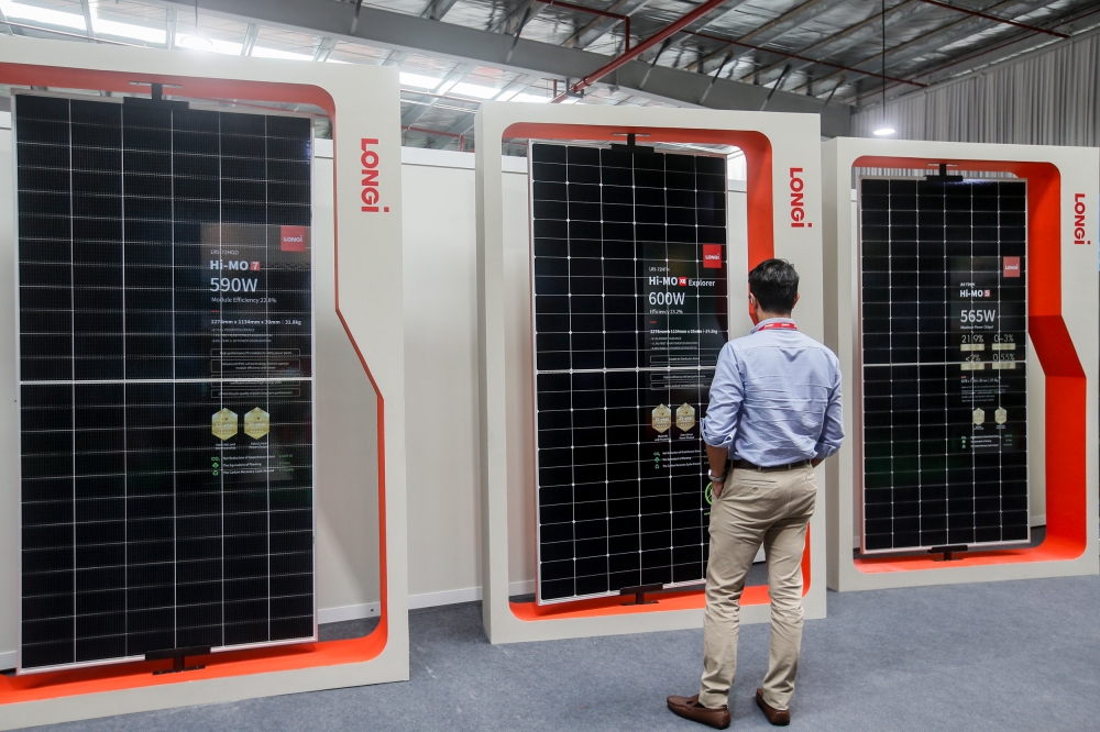 Solar panels are displayed during the launching of LONGi Malaysia Serendah Module Plant at LONGi Malaysia in Serendah High Value Industrial Town, Rawang October 17, 2023. 