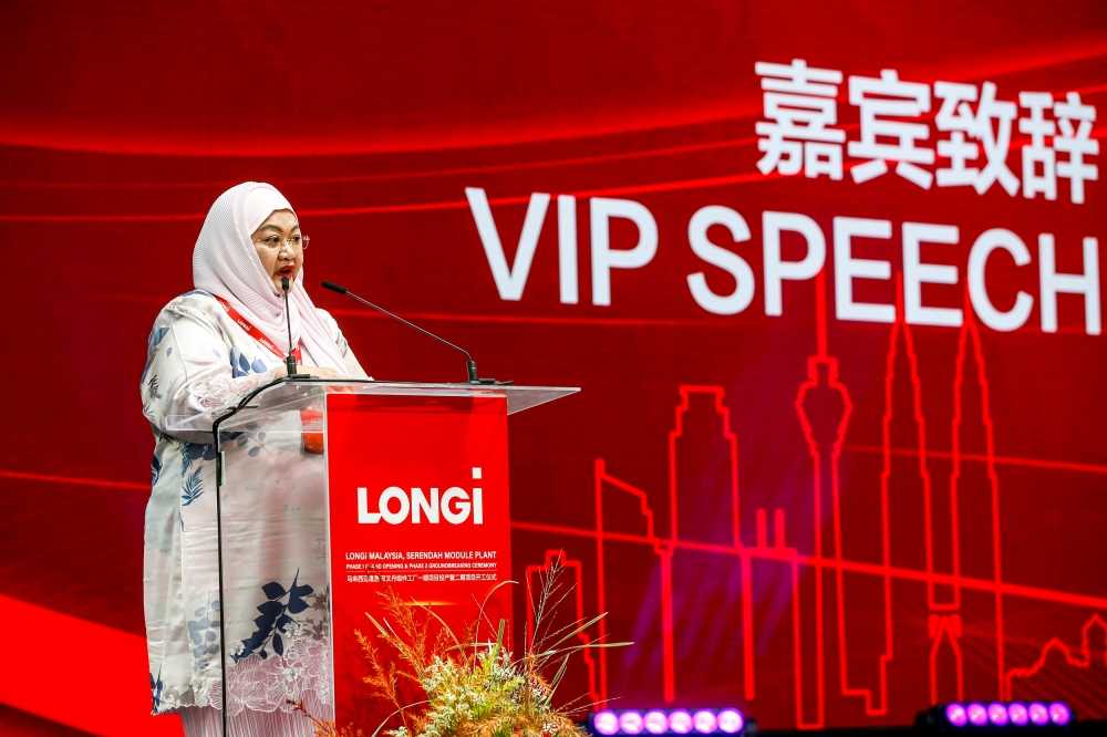 Deputy Secretary General (Investment) at the Ministry of International Trade and Industry Malaysia Datuk Bahria Mohd Tamil delivers a speech during the launch of LONGi Malaysia’s Serendah Module Plant in Rawang October 17, 2023. 