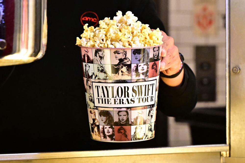 A tub of popcorn in US singer Taylor Swift's merchandise is pictured during the 