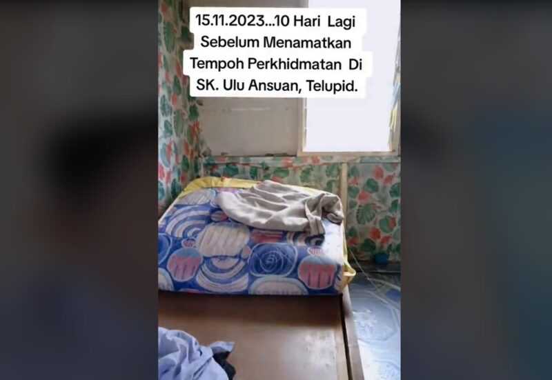 SK Ulu Ansuan principal George Odol shows his bed in the 2.74m by 4.87m storeroom. — Picture via TikTok/mr.george_odol