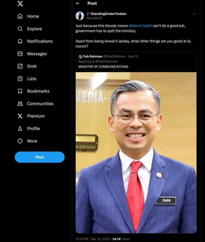 Man claims Malaysian govt reported his tweet to X, after calling Fahmi a ‘moron’ – eNews Malaysia