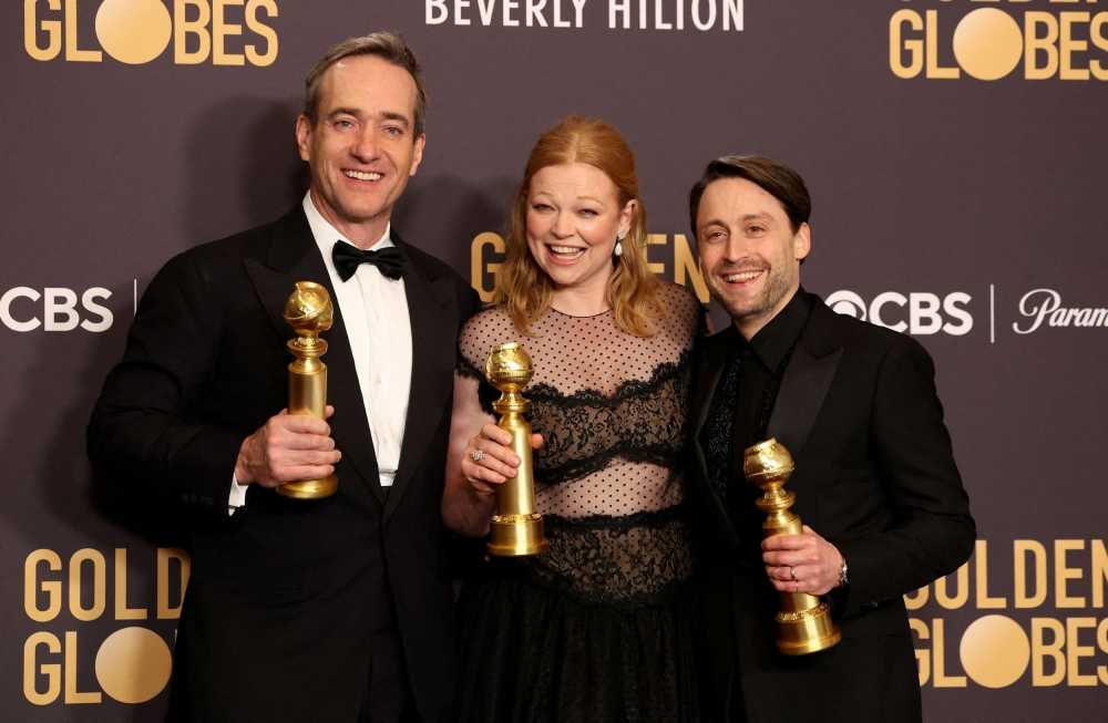 File photo of Sarah Snook, Matthew Macfadyen, and Kieran Kulkin posing with the awards for Best Performance by a Female Actor in a Television Series Drama for ‘Succession’, Best Performance by a Male Actor in a Supporting Role on Television for ‘Succession’, and Best Performance by a Male Actor in a Television Series for ‘Succession’ at the 81st Annual Golden Globe Awards in Beverly Hills, California, US, January 7, 2024. — eNM pic