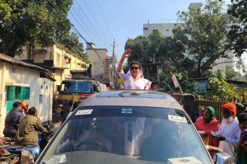 In this photograph taken on January 4, 2024, transgender candidate Anwara Islam Rani waves to supporters as she parades along a street during a campaign event in Rangpur, ahead of Bangladesh’s general election on January 7. ― eNM pic