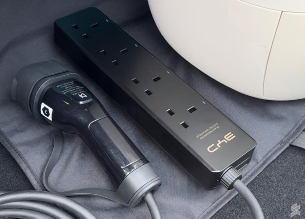 BYD’s V2L adapter has a powerstrip with 4 outlets. — eNM pic
