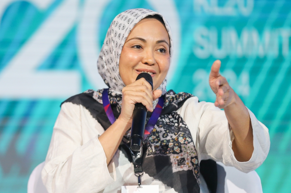 KiddoCare founder Nadira Yusof speaks during the KL20 Summit 2024 in Kuala Lumpur, April 23, 2024. — Picture by Miera Zulyana