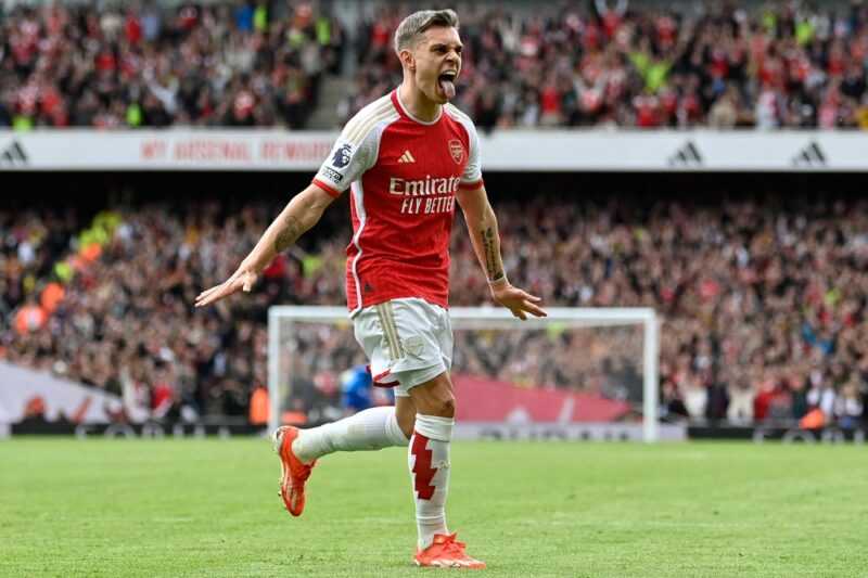 Arsenal’s Belgian midfielder #19 Leandro Trossard celebrates scoring the team’s second goal during the English Premier League football match between Arsenal and Bournemouth at the Emirates Stadium, in London, on May 4, 2024. ― eNM pic