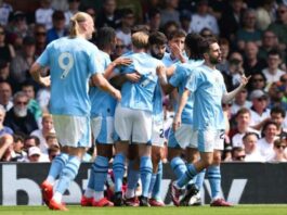 Manchester City’s Croatian defender #24 Josko Gvardiol (Centre) celebrates with teammates after scoring the opening goal during the English Premier League football match between Fulham and Manchester City at Craven Cottage in London on May 11, 2024. — eNM pic