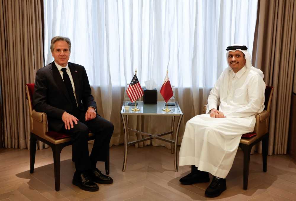 File photo of US Secretary of State Antony Blinken meeting with Qatar’s Prime Minister and Foreign Minister Mohammed bin Abdulrahman bin Jassim Al Thani at the Four Seasons Hotel in Riyadh, Saudi Arabia, April 29, 2024. ― eNM pic